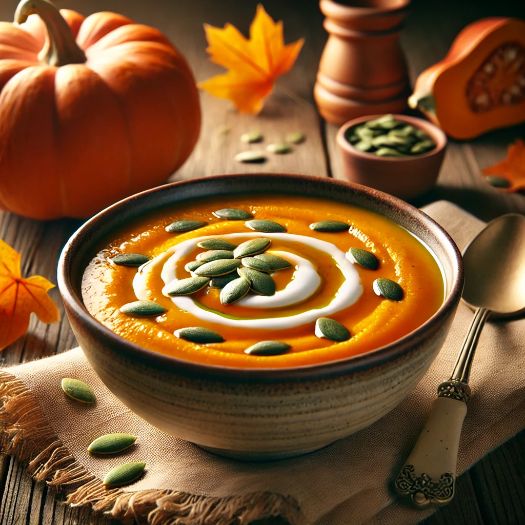 Saftige Kürbiscremesuppe mit gerösteten Kernen und Kürbiskernöl